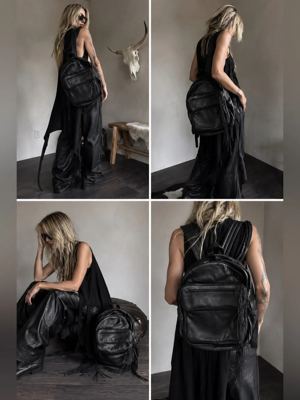 Vintage black genuine leather Backpack with removable Fringe full size